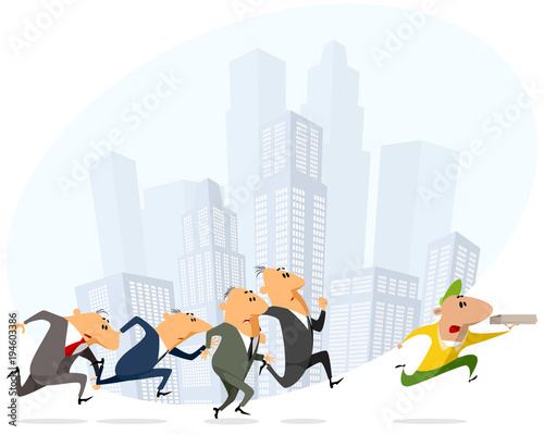 Businessmen running for pizza courier