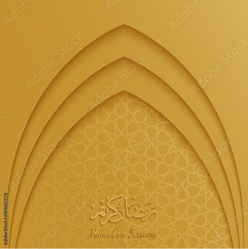 Ramadan Kareem greeting card template with mosque door and arabic pattern gold background