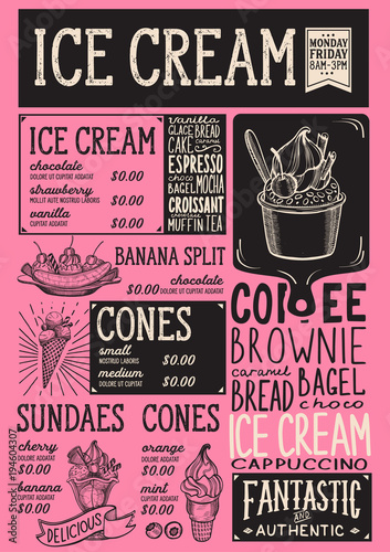 Ice cream restaurant menu. Vector dessert food flyer for bar and cafe. Design template with vintage hand-drawn illustrations.