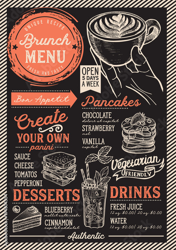 Brunch restaurant menu. Vector food flyer for bar and cafe. Design template with vintage hand-drawn illustrations.