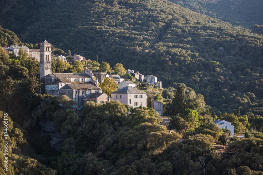 Fototapeta premium Corsica, 28/08/2017: la macchia mediterranea con vista sullo skyline di uno dei remoti villaggi dell'Alta Corsica sul lato ovest del Capo Corso, famoso per i suoi paesaggi selvaggi