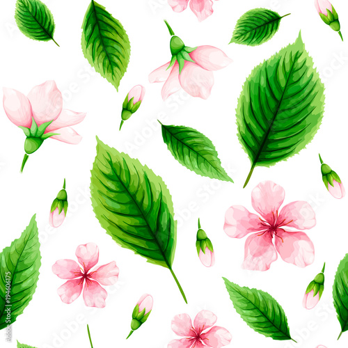 Seamless pattern of pink cherry flowers and green leaves on white background. Spring watercolor