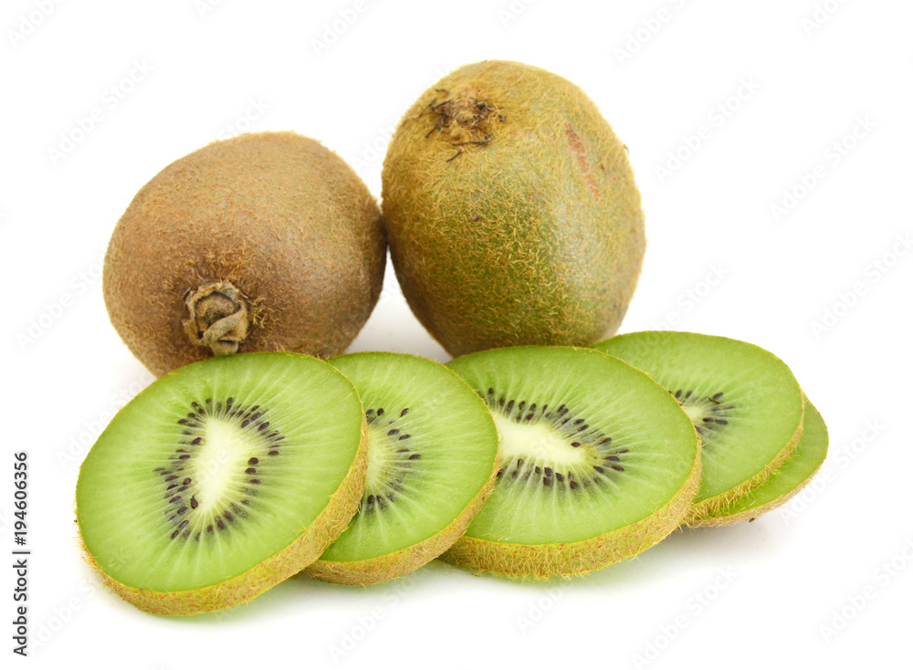 Whole kiwi fruit and his segments isolated on white background cutout Whole kiwi fruit and his segments isolated on white background cutout
