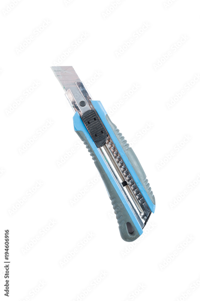 Blue construction scalpel isolated on a white background. Construction tool and equipment. Path saved Blue construction scalpel isolated on a white background. Construction tool and equipment. Path saved