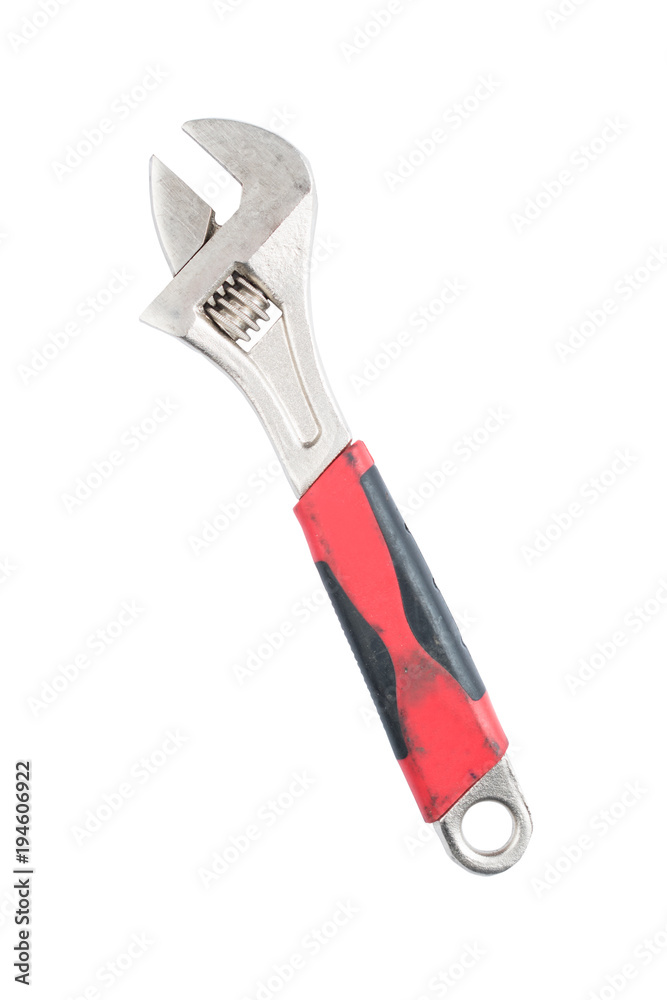 Adjustable wrench with red handle isolated on a white background. Path saved. Construction equipment Adjustable wrench with red handle isolated on a white background. Path saved. Construction equipment