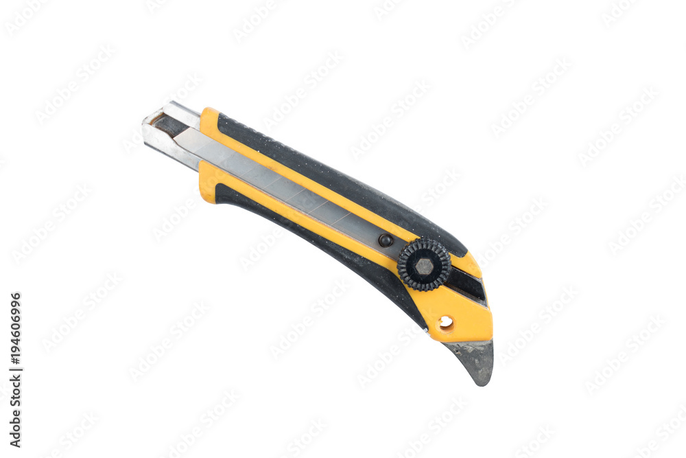 Yellow construction scalpel isolated on a white background. Construction tool and equipment. Path saved