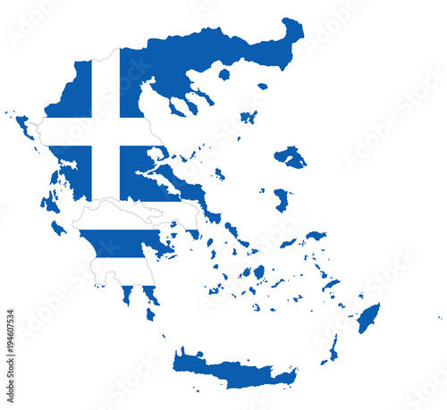 Flag in the outline of the Greece. Flag of the Hellenic Republic in blue and white colors with white cross. Banner with the shape of Hellas. Isolated. Illustration on white background. Vector.