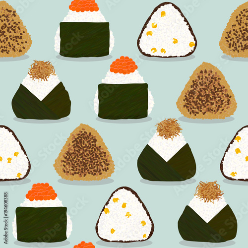 Four types of onigiri. Seamless pattern. Sticky rice balls. Japanese cuisine. Illustration. Lunch. Topped with salmon roe. Fried with soy sauce. With sweet corn. Topped with small fry fish.