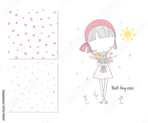 Cute girl with flowers and 2 seamless patterns
