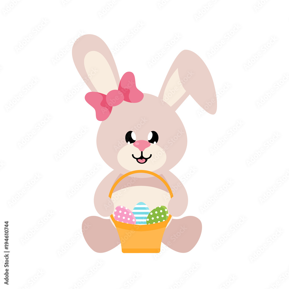 cartoon easter bunny girl sitting with easter basket and eggs cartoon easter bunny girl sitting with easter basket and eggs
