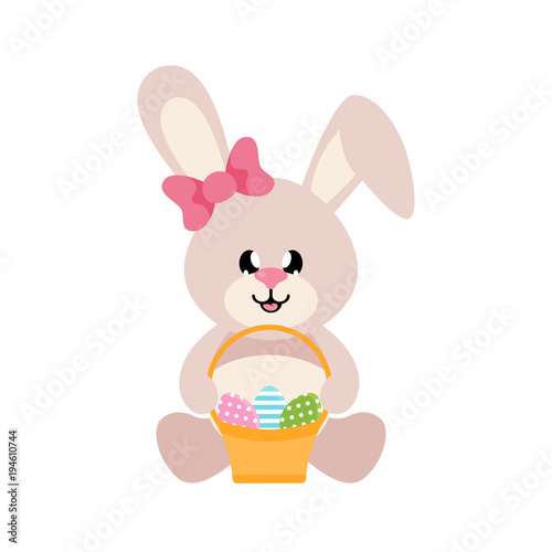 cartoon easter bunny girl sitting with easter basket and eggs