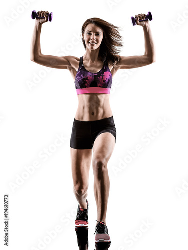 one caucasian woman exercising cardio boxing cross core workout fitness exercise aerobics silhouette isolated on white background © snaptitude