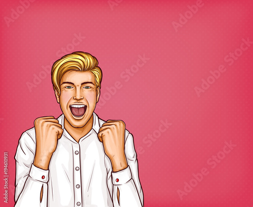 Vector pop art happy, emotional man in white shirt celebrating success, deal, winning or achievement. Young male business character raising fists up with mouth open. Vintage comic illustration