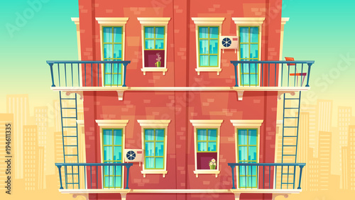 Vector illustration of facade residential multi-storey apartment, house outside concept, private building with fire escapes. Architecture in cartoon style. Advertising, promotion background.