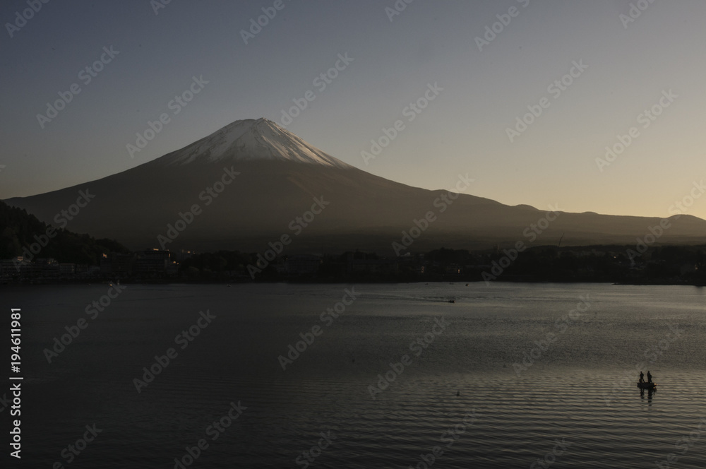 Beautiful Mount Fuji and Its Reflection on Lake Kawaguchi on Clear Sky Day