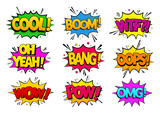 Collection comic speech effects. Colored set sound bubble effects in pop art style. Vector illustration. EPS 10.