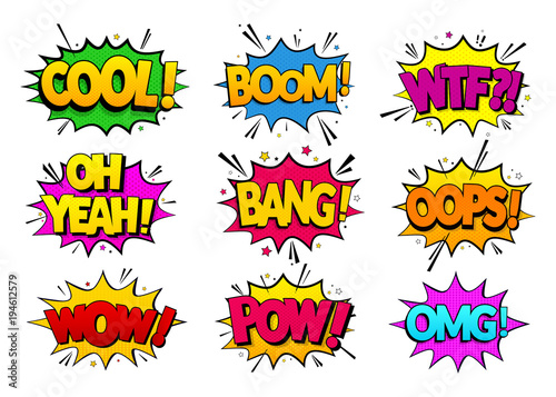 Collection comic speech effects. Colored set sound bubble effects in pop art style. Vector illustration. EPS 10.