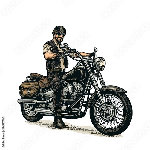 Biker riding a motorcycle. Vector engraved illustration