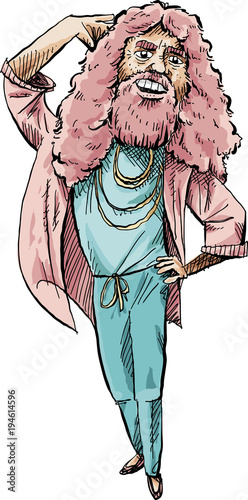 Cartoon of a long-haired, bearded man in pink and blue doing a fashion pose.