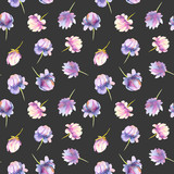 Watercolor pink and purple peonies seamless pattern, hand painted on a dark background