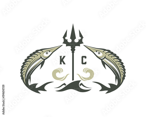 Double Swordfish with Strong Spear and Wave on the Ocean Sign Symbol Vector