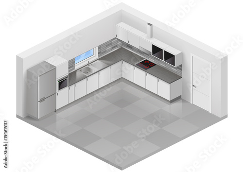 Modern white kitchen in isometric projection. Design scheme of interior furniture. Vector graphics