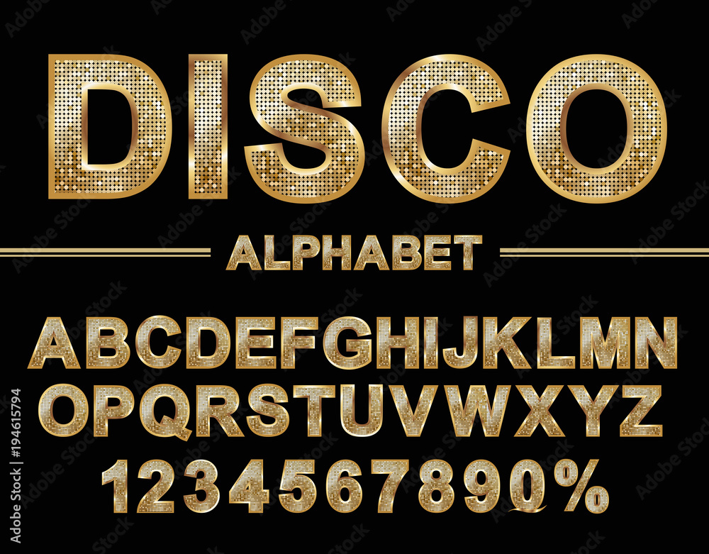 Golden shiny mosaic in disco ball style. Alphabet font and numbers.