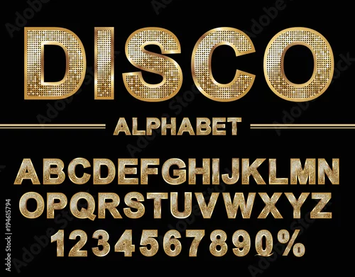 Obraz Golden shiny mosaic in disco ball style. Alphabet font and numbers.