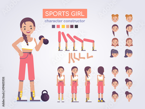 Happy ypung athletic womanl character with various views, face emotions, poses . sport. Front, side, back view animated character. Vector clip art