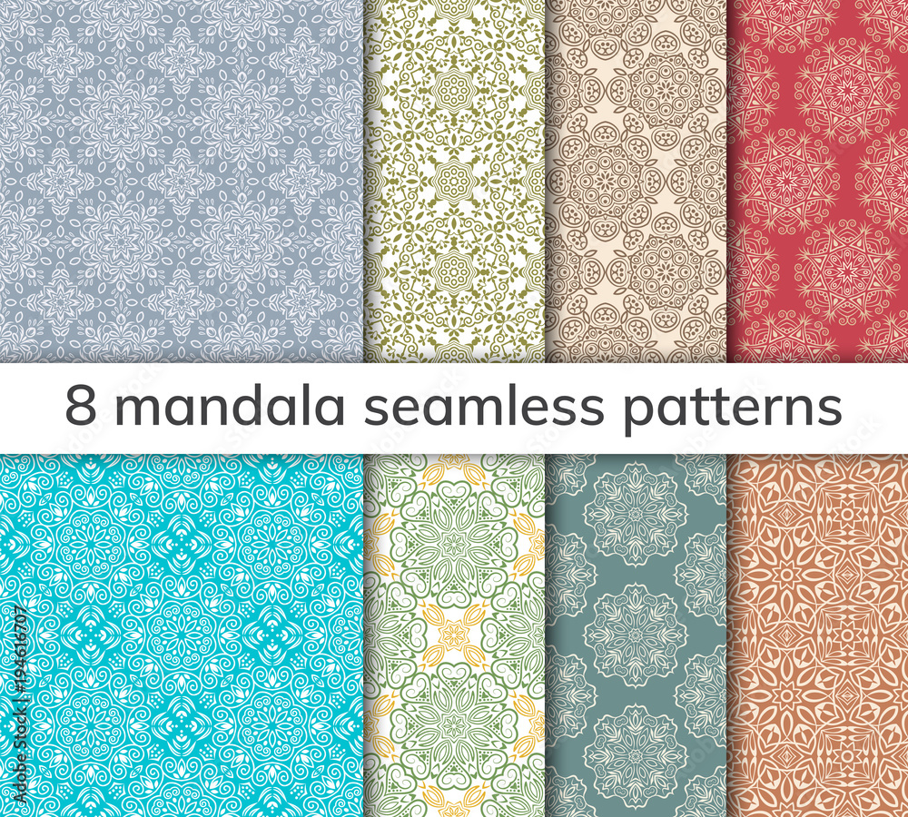 Set of 8 patterns. Collection arabic, indian, japanese, islamic motifs. Mandala seamless pattern. Set of 8 patterns. Collection arabic, indian, japanese, islamic motifs. Mandala seamless pattern.