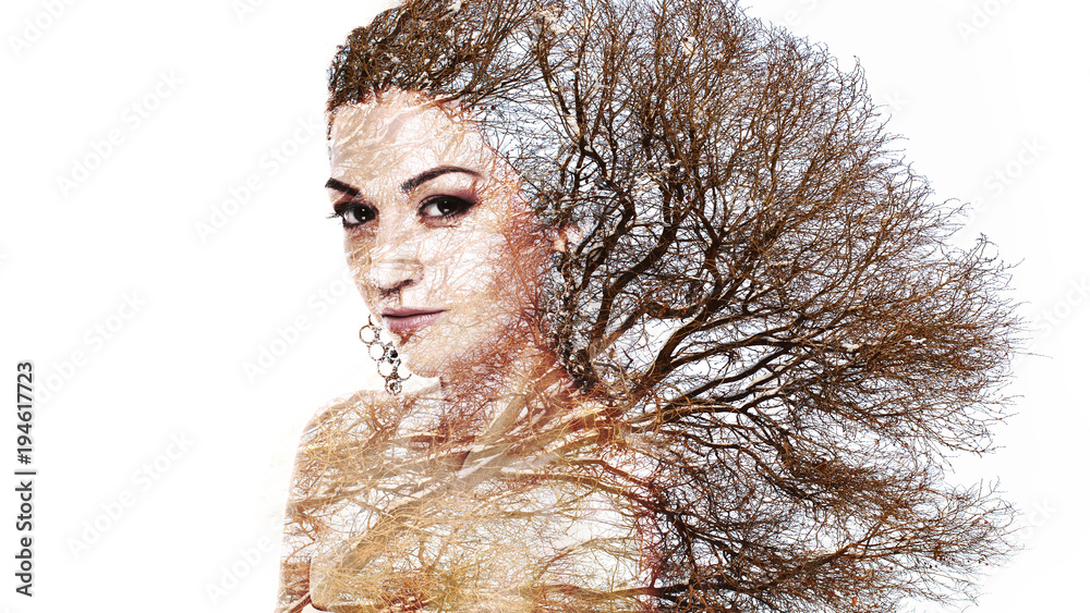 Double exposure portrait of attractive woman combined with photograph ...