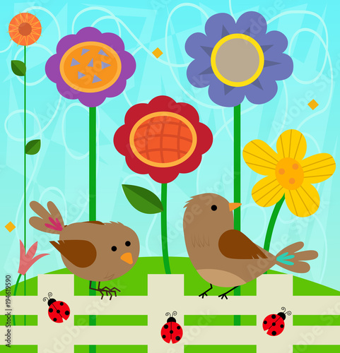 Flowers and Birds - Spring clip-art of two birds and ladybugs standing on a fence, and colorful flowers behind them. Eps10
