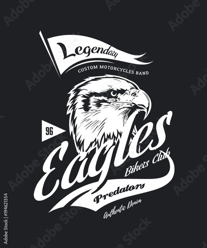 Vintage American furious eagle custom bikes motor club t-shirt vector logo on dark background.
Premium quality bikers band logotype tee-shirt emblem illustration. Street wear retro tee print design.
