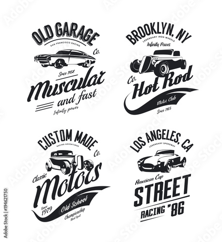 Foto Vintage roadster, custom hot rod and muscle car vector tee-shirt logo isolated set