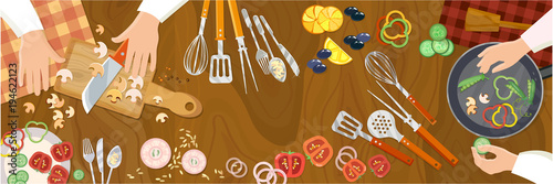 Chef cooks preparing food cook hands on the kitchen table top view vector