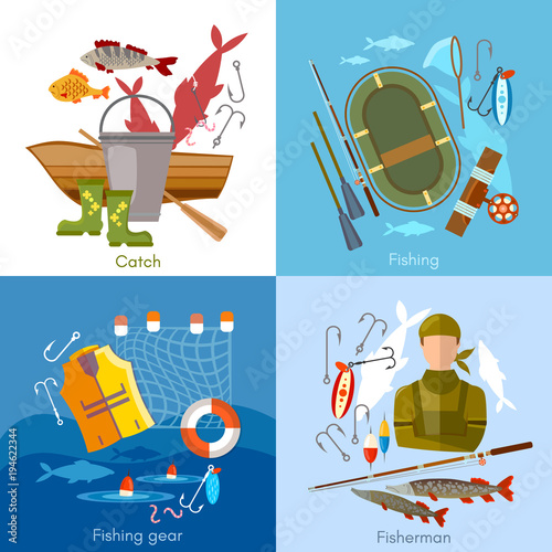 Summer fishing set, fisher elements vector template. Professional fishing set fishing rod, hooks, bait, fish, worms, fisher equipment vector