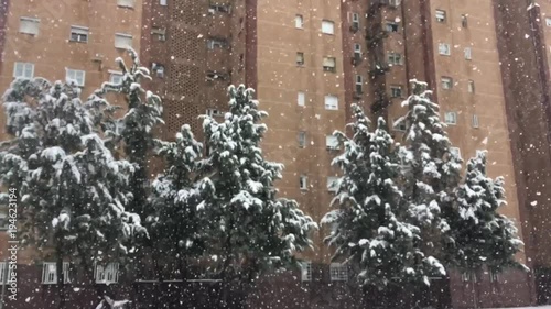 Urban landscape in Madrid, winter day snowy photo