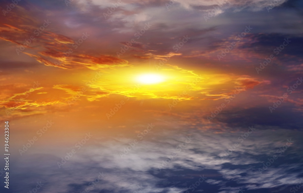 Colorful Clouds With Lens Flare . Beautiful heavenly landscape with the sun in the clouds . Sunset and sunrise in the sky .Light from sky . Religion background . 