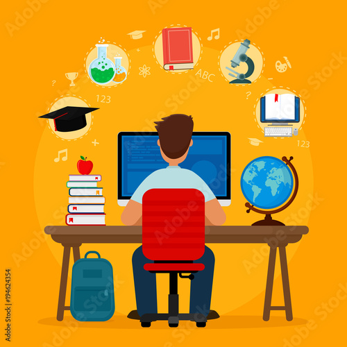 Student sitting at desk in online learning process on orange background. School homework. Surfing internet. Concepts of education and e-learning. Vector illustration. Flat design.