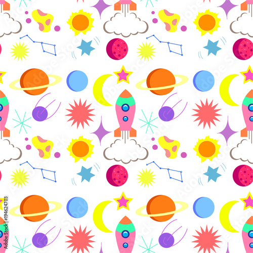 Seamless repeat patternchildren's space rocket, space, planets, stars on white background, vector illustration. Modern and original textile, wrapping paper, wall art design.
