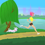 Creative design on the topic of healthy lifestyle. The girl is engaged in sports with the dog outdoors, in a Park, vector illustration