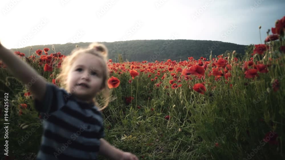 Happy child plays with flowers in poppy field at sunset, walk in fresh air, summer vacation in village. Joyful kid smile, smiling boy laughs. Little boy playing in the field. Happy child plays with flowers in poppy field at sunset, walk in fresh air, summer vacation in village. Joyful kid smile, smiling boy laughs. Little boy playing in the field.