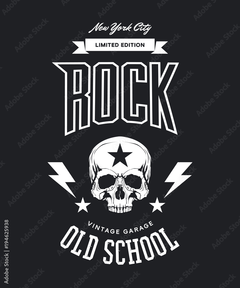 Vintage rock vector t-shirt logo isolated on dark background. Premium  quality skull logotype tee-shirt emblem illustration. New York City street  wear legendary music style old retro tee print design. Stock Vector