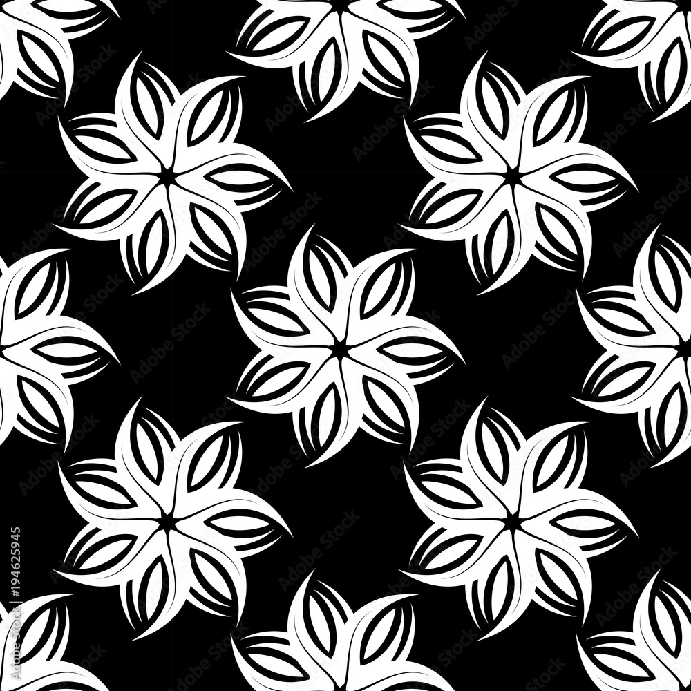 Abstract monochrome flowers (white) seamless/repeat pattern/texture. White on black.