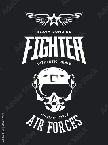 Vintage fighter pilot helmet vector logo isolated on dark background. 
Premium quality air force logotype t-shirt emblem illustration poster. Military street wear superior retro tee print design.