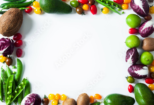 Fototapeta Naklejka Na Ścianę i Meble -  bright Background of fresh summer ripe Fruits and Vegetables. Organic products isolated on white background. Copy space. supermarket High resolution product
