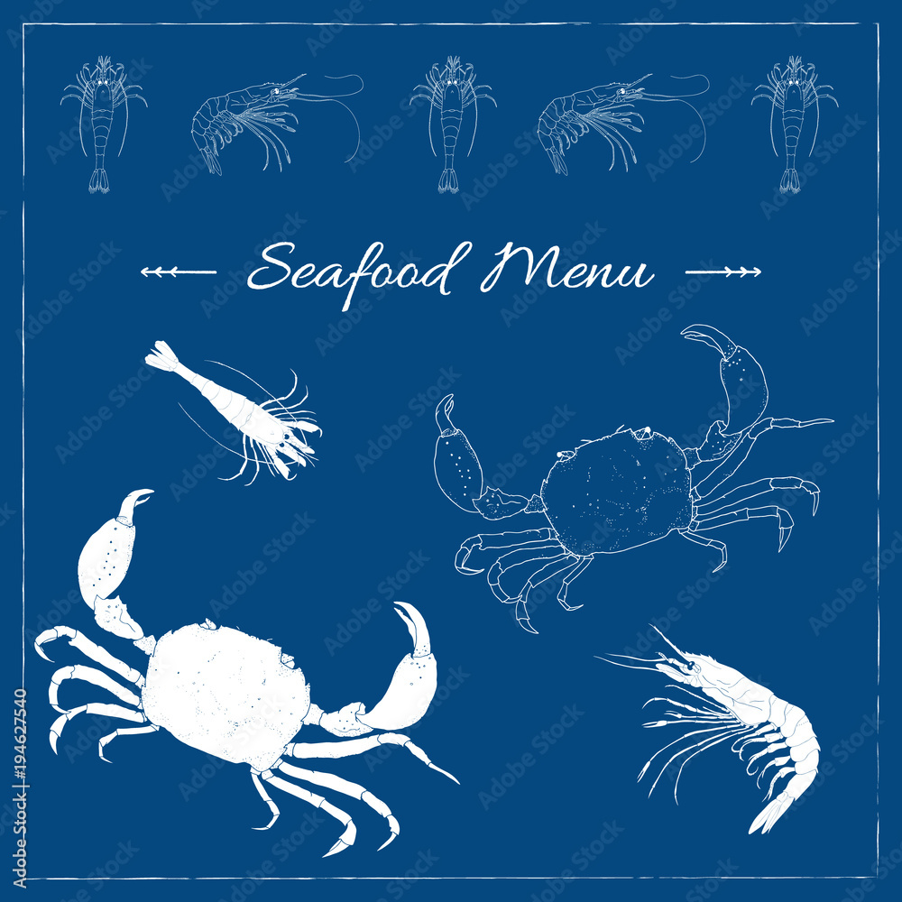 Seafood. Hand drawn sketch of crab and shrimp isolated on blue