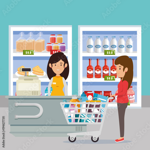 woman with supermarket groceries vector illustration design