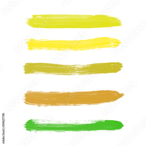 Set of yellow, goldenrod, chartreuse, mustard, olive, green, brown vector watercolor hand paint gradient stripes, isolated. Collection of acrylic dry brush stains, strokes, geometric horizontal lines