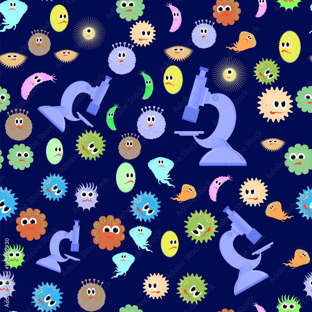 Different Cartoon Microbes Seamless Pattern. Pandemic Backteria. Germs Backterial Mickroorganism. Bacterium Monsters